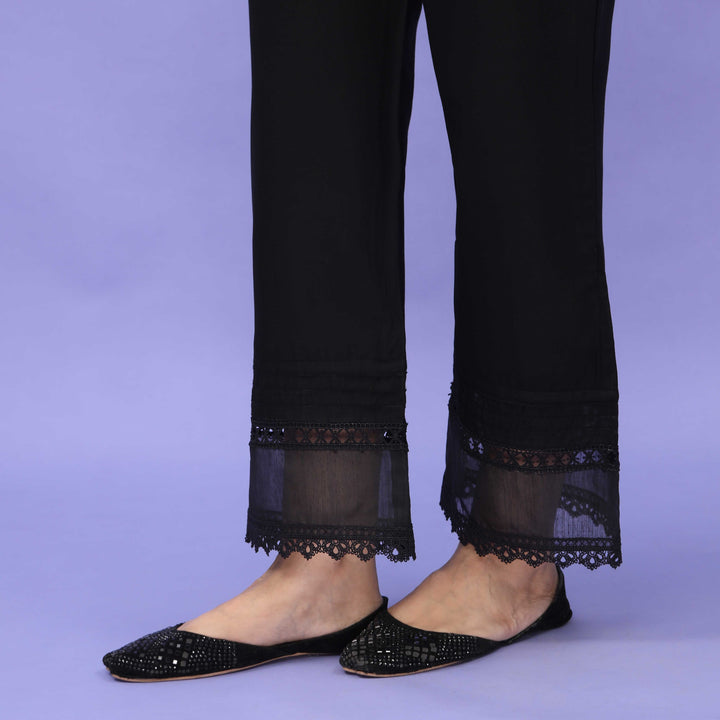 Black Striaght Fit Embellished Cambric Trouser PL4098