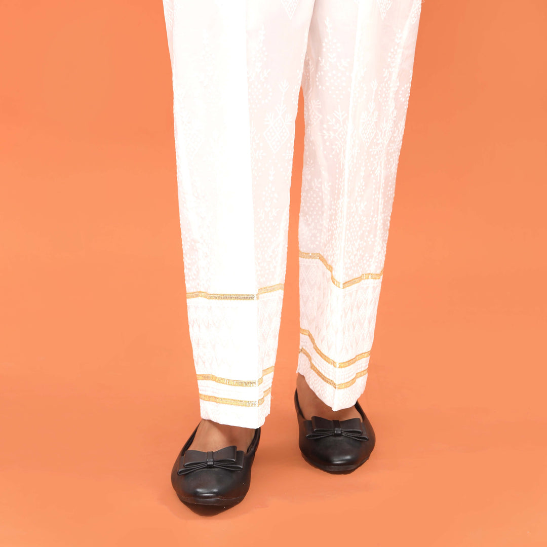 White Straight Fit Embroidered Trouser PL5015