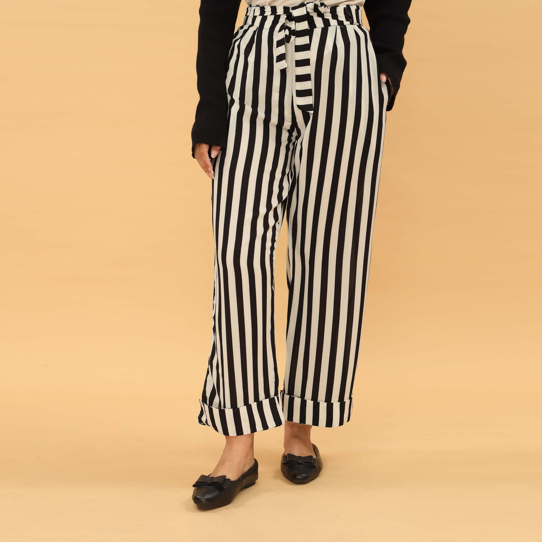 Blkwht Digital Printed Grip Silk Trouser With Self Belt PL5030