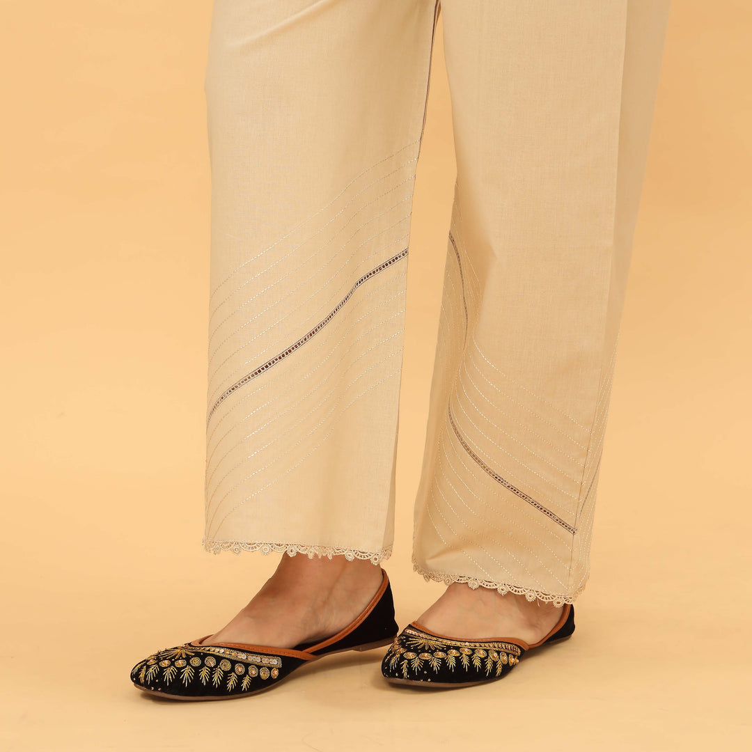 Beige Straight Fit Embellished Trouser PL5037