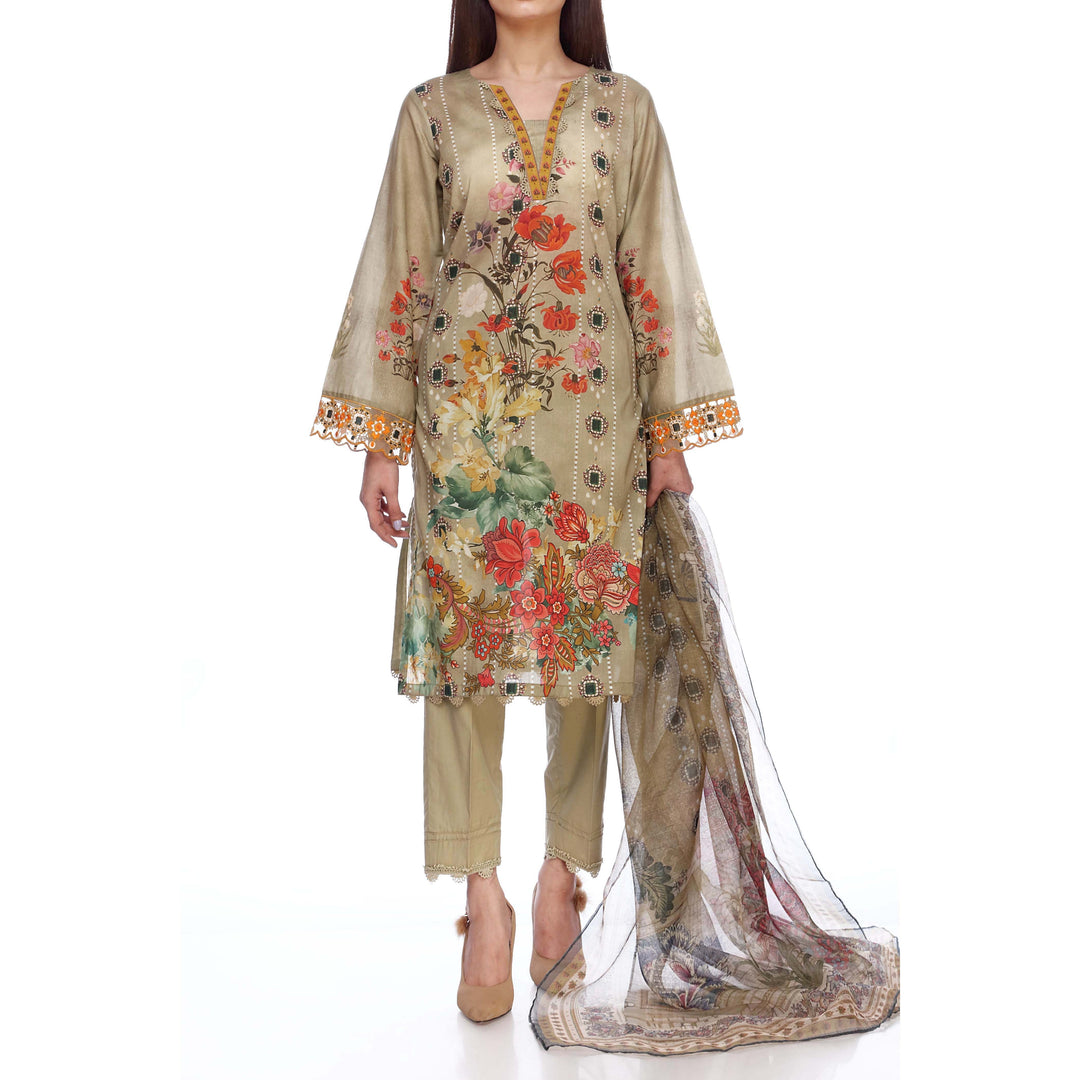 Digital Printed Lawn Shirt With Embroidered Sleeves
Digital Printed Net Dupatta
Plain Dyed Cambric Trousers