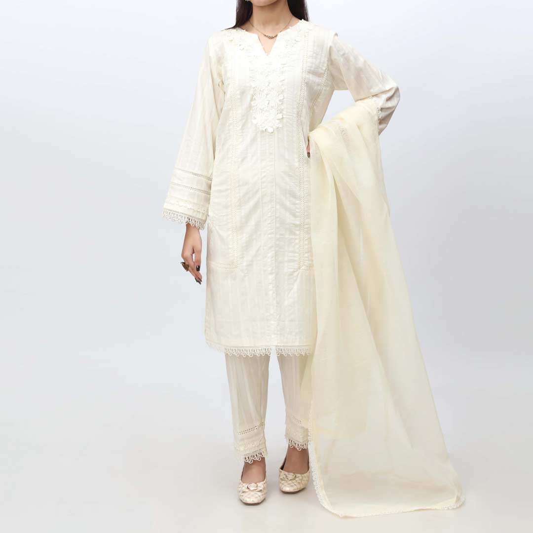 White 3PC- Laced Cambric Suit PS4084