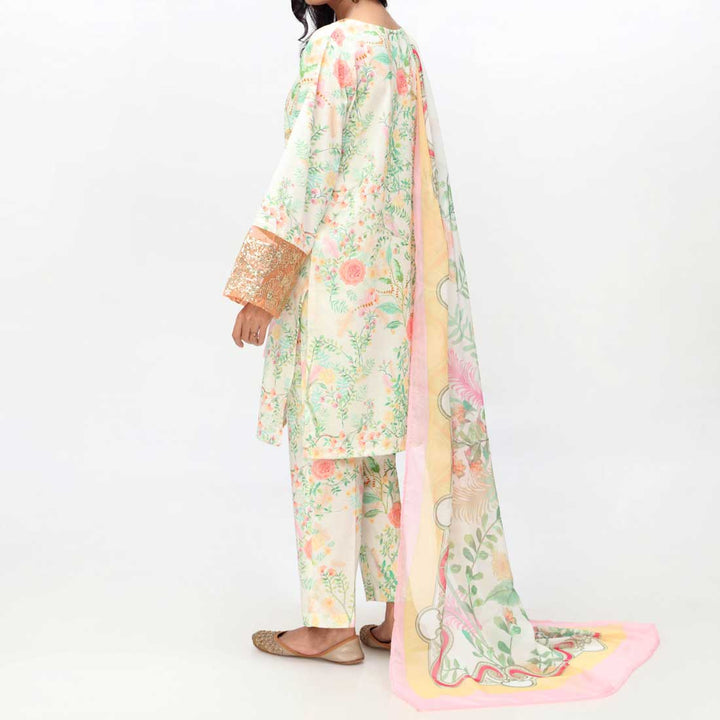 Green 3PC- Embroidered & Digital Printed Cambric Suit PS4155