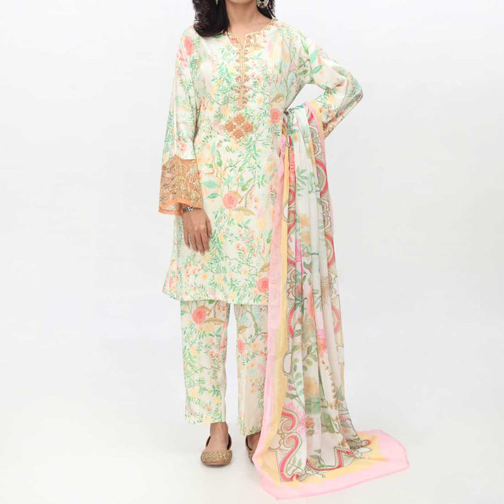 Green 3PC- Embroidered & Digital Printed Cambric Suit PS4155