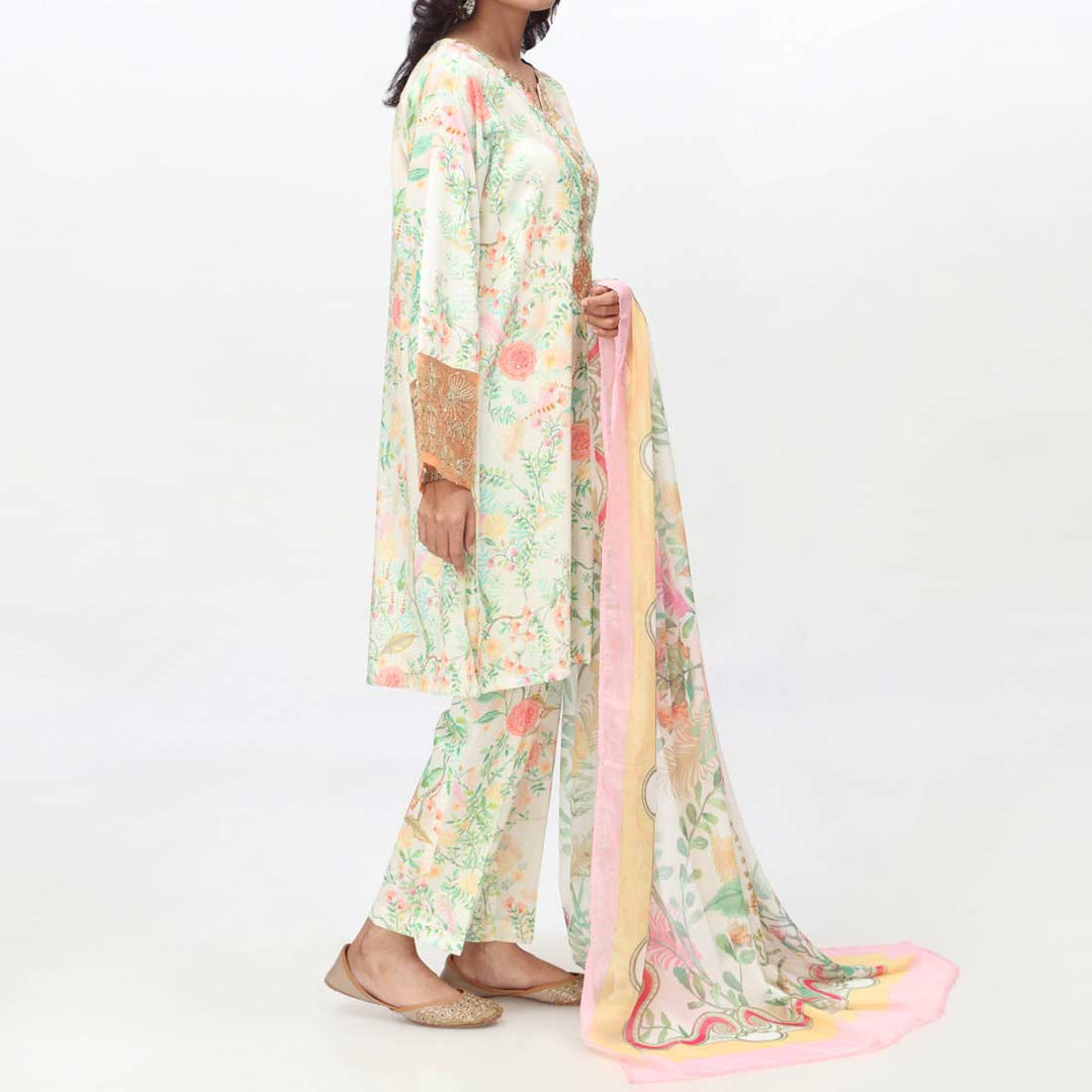 Green 3PC- Embroidered & Digital Printed Cambric Suit PS4155