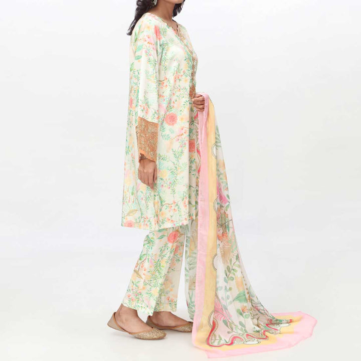 Green 3PC- Embroidered & Digital Printed Cambric Suit PS4155