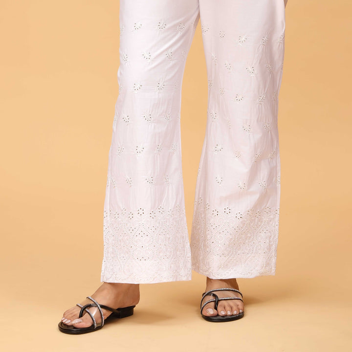 White Bell Bottom Embellished Cambric Trouser PS4557