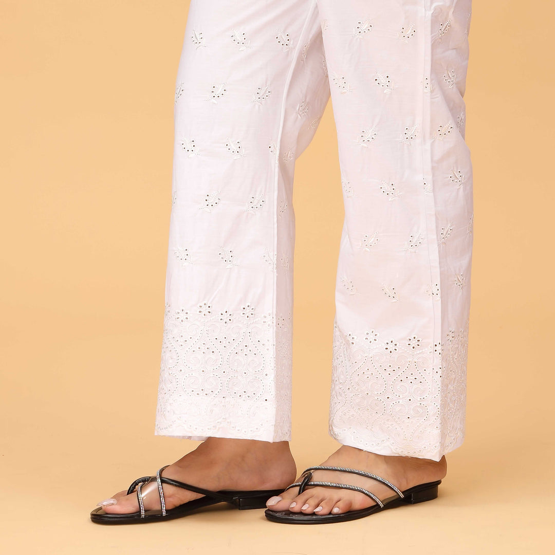 White Bell Bottom Embellished Cambric Trouser PS4557