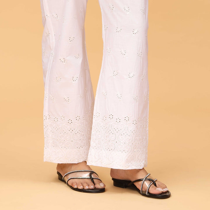 White Bell Bottom Embellished Cambric Trouser PS4557