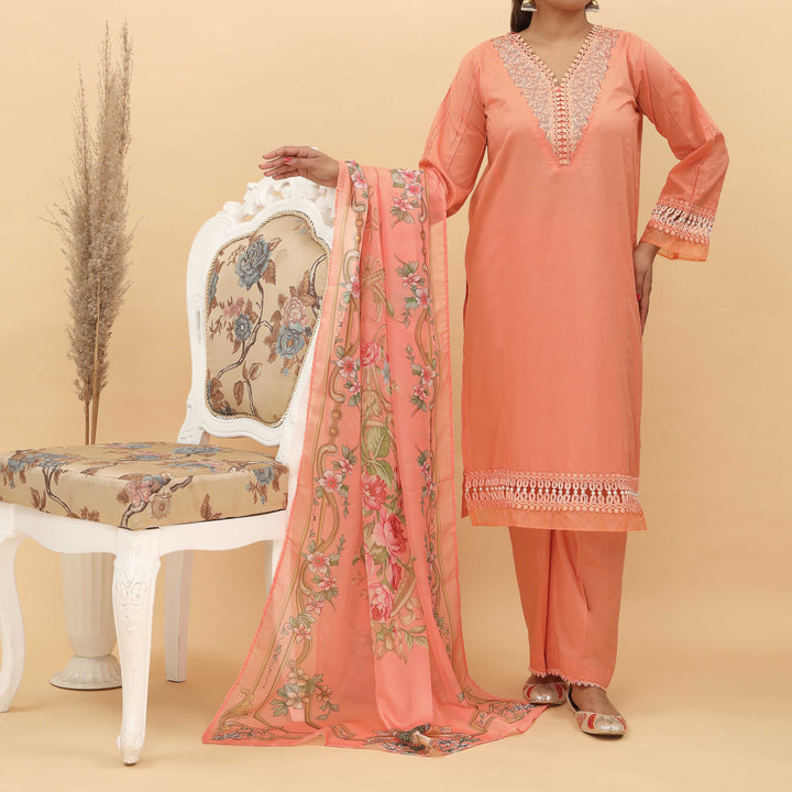 3PC- Cotton Cambric Suit With Stitching Details And Apple Silk Duppata PS4949