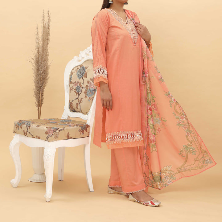 3PC- Cotton Cambric Suit With Stitching Details And Apple Silk Duppata PS4949