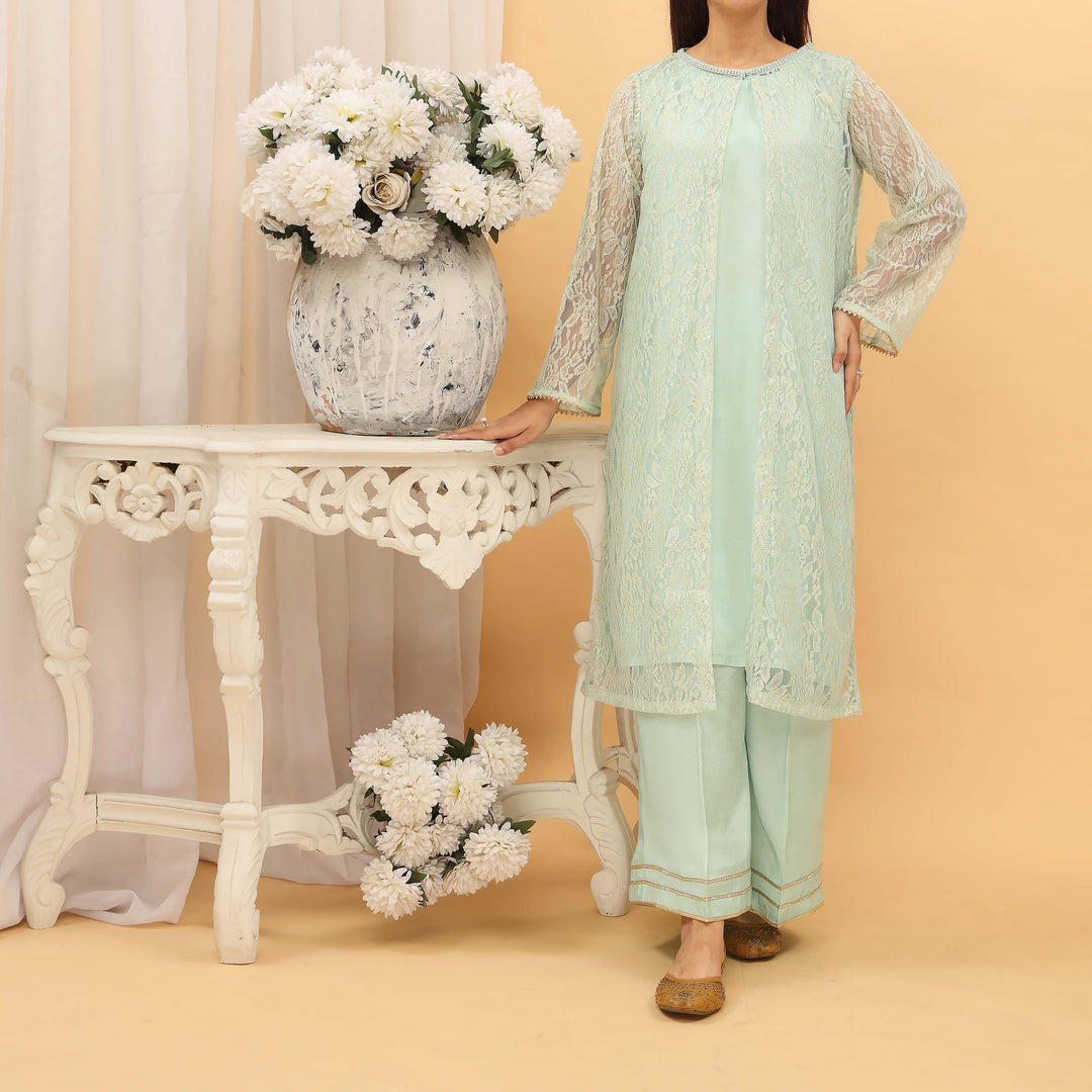 2PC- Lace Net Gown With Neck Embroidery And Raw Silk Suit PS4965