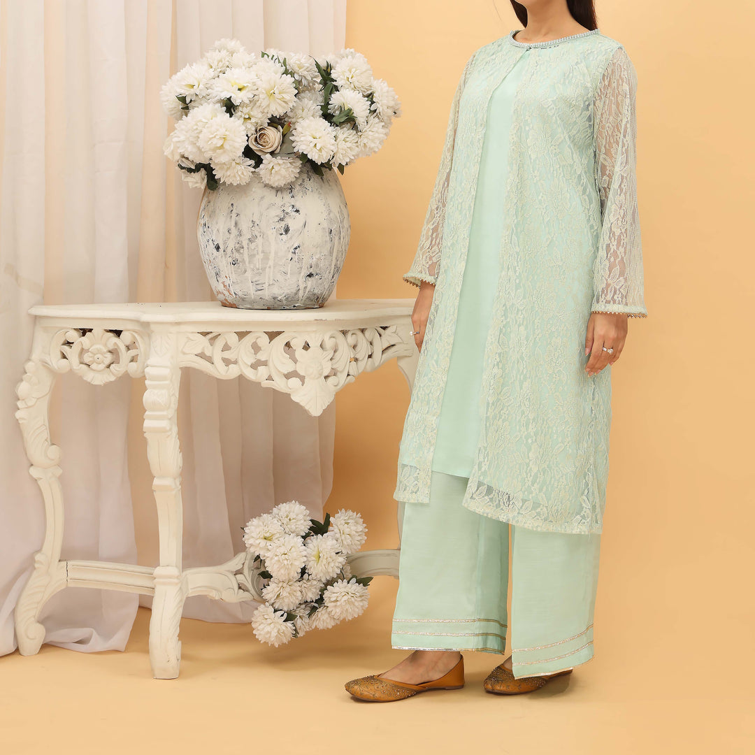 2PC- Lace Net Gown With Neck Embroidery And Raw Silk Suit PS4965