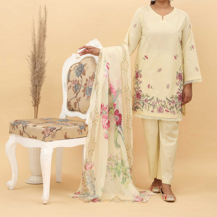 3PC- Embroidered Cotton Cambric Suit With Printed Apple Silk Duppata PS5006