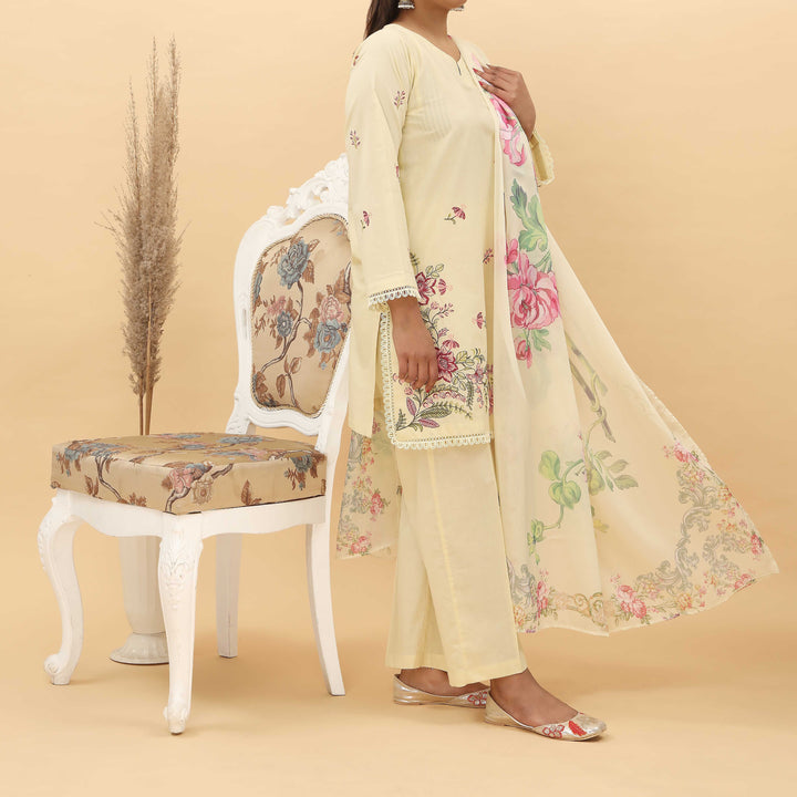 3PC- Embroidered Cotton Cambric Suit With Printed Apple Silk Duppata PS5006
