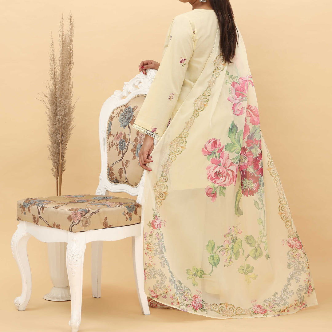 3PC- Embroidered Cotton Cambric Suit With Printed Apple Silk Duppata PS5006