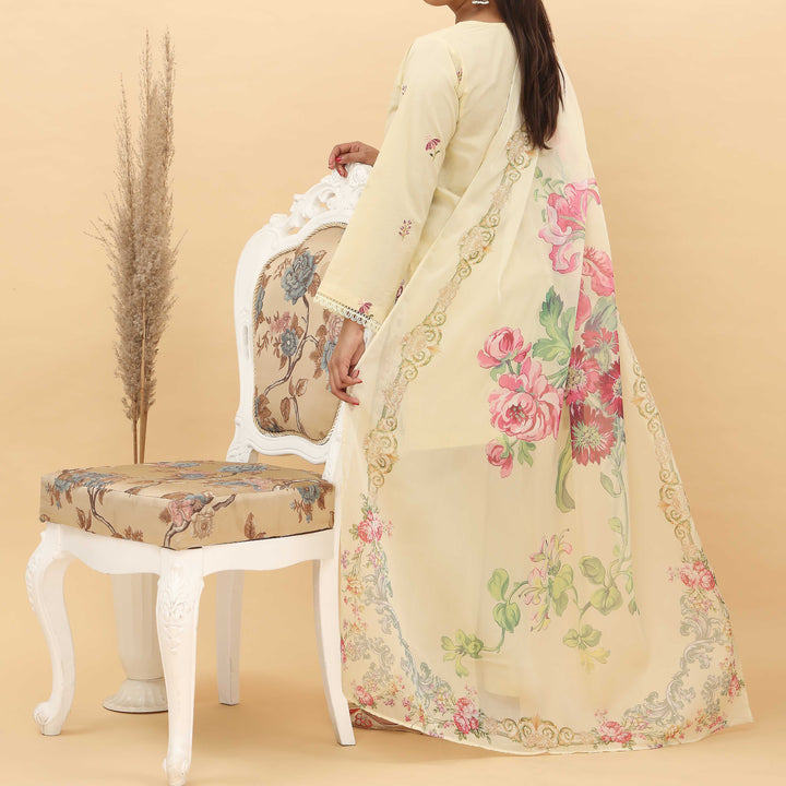 3PC- Embroidered Cotton Cambric Suit With Printed Apple Silk Duppata PS5006