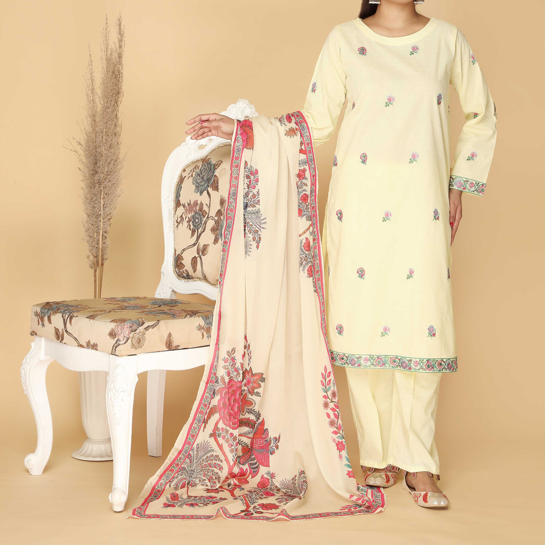 3PC- Embroidered Broshia Cotton Cambric Suit With Printed Apple Silk Duppata PS5035