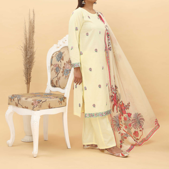 3PC- Embroidered Broshia Cotton Cambric Suit With Printed Apple Silk Duppata PS5035