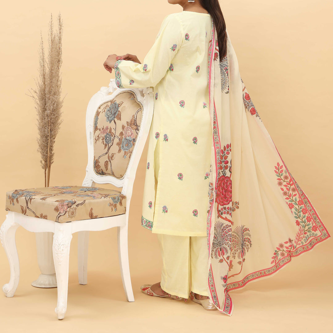 3PC- Embroidered Broshia Cotton Cambric Suit With Printed Apple Silk Duppata PS5035