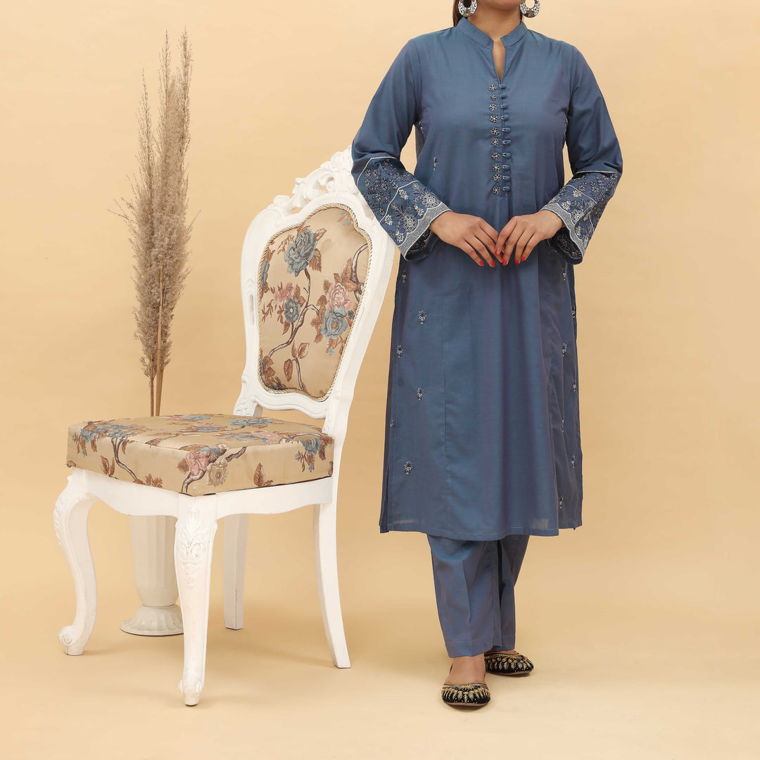 2PC- Embroidered Chambray Cotton Suit PS5045