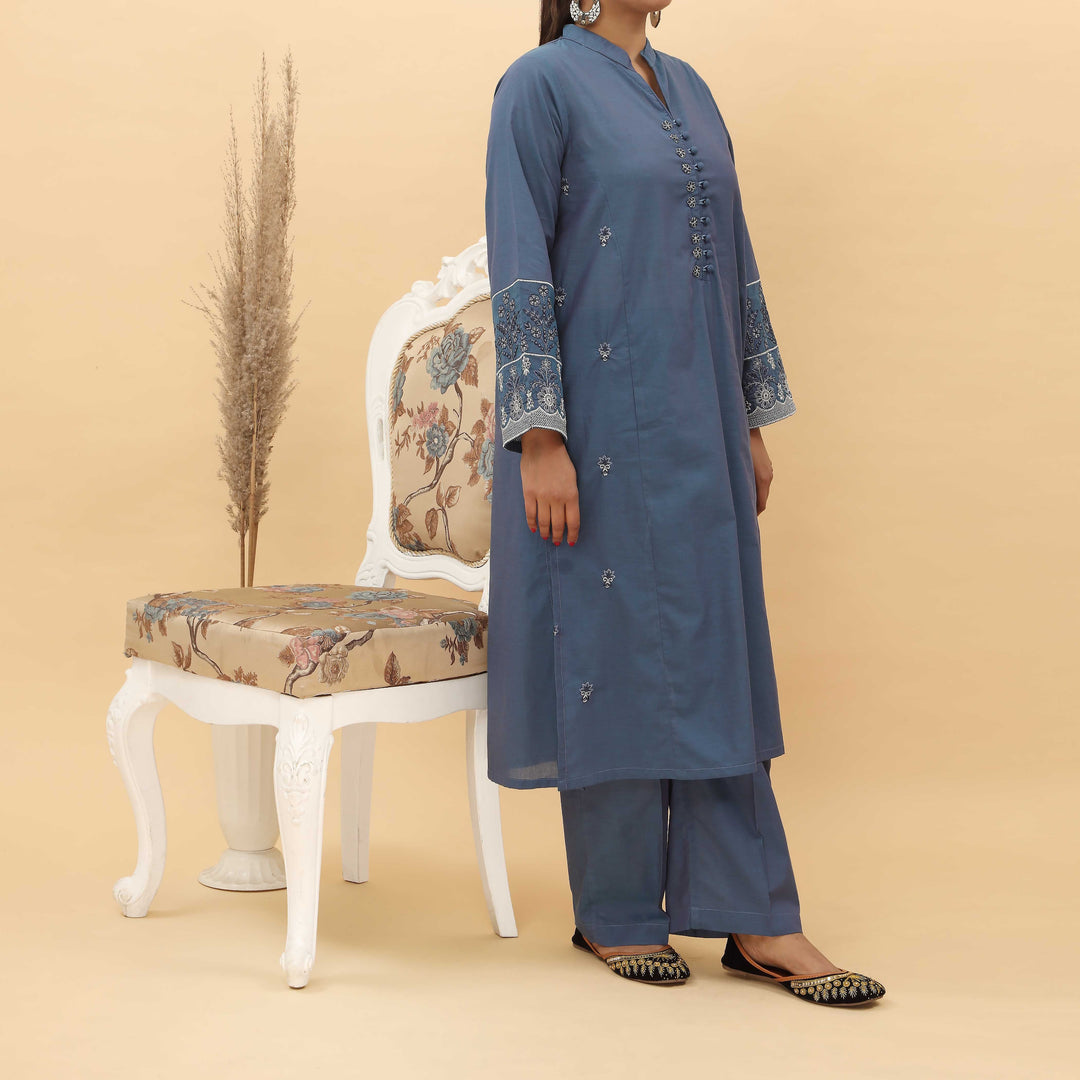 2PC- Embroidered Chambray Cotton Suit PS5045
