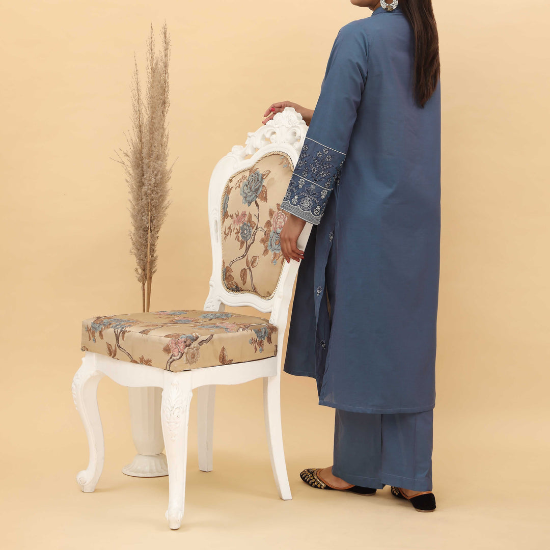 2PC- Embroidered Chambray Cotton Suit PS5045