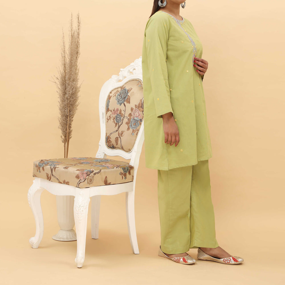 2PC- Embroidered Chambray Cotton Suit PS5059