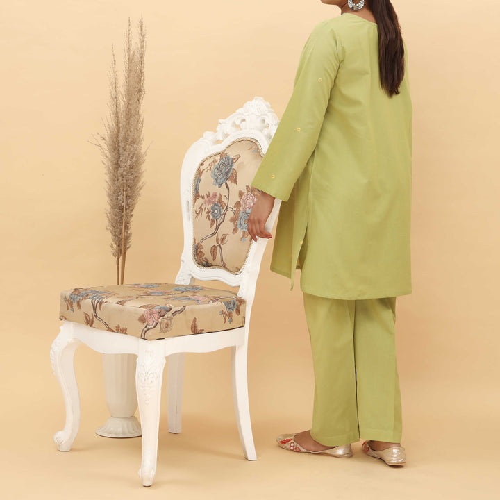 2PC- Embroidered Chambray Cotton Suit PS5059