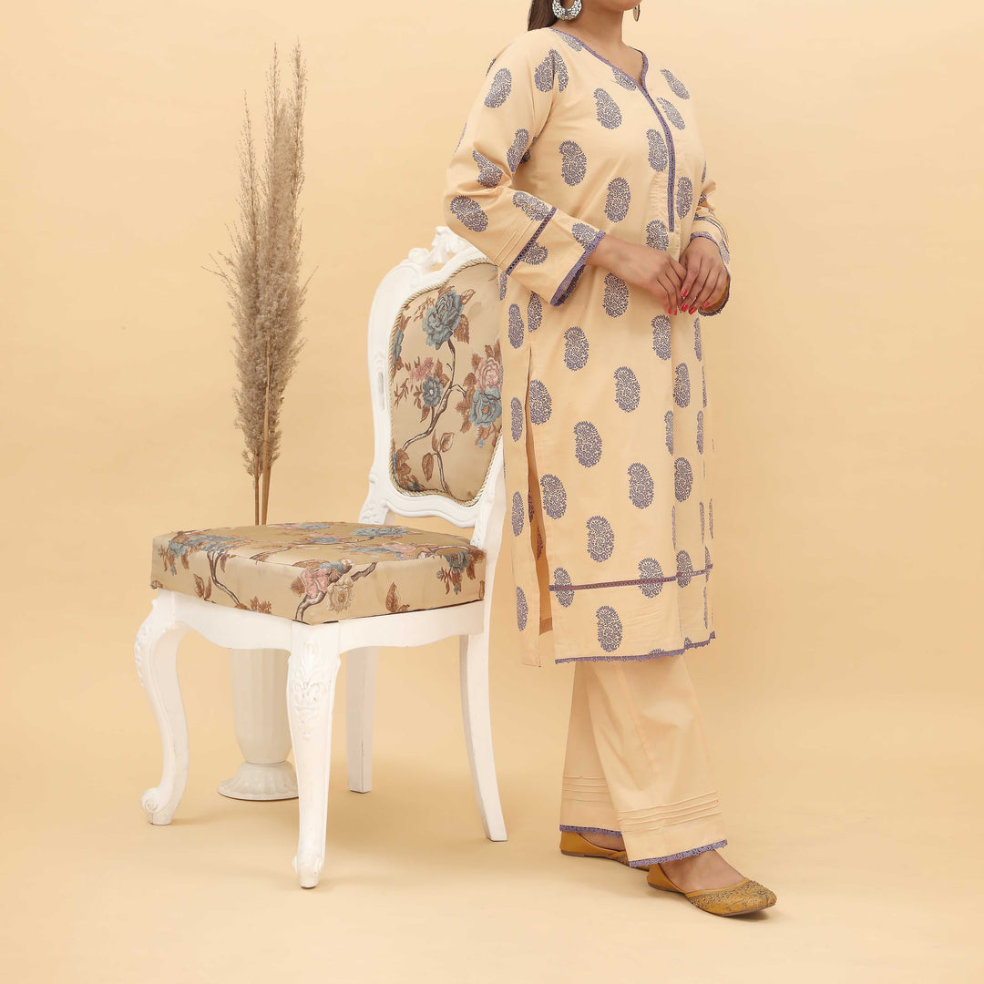 2PC- Screen Printed Cotton Cambric Suit With Stitching Details PS5071