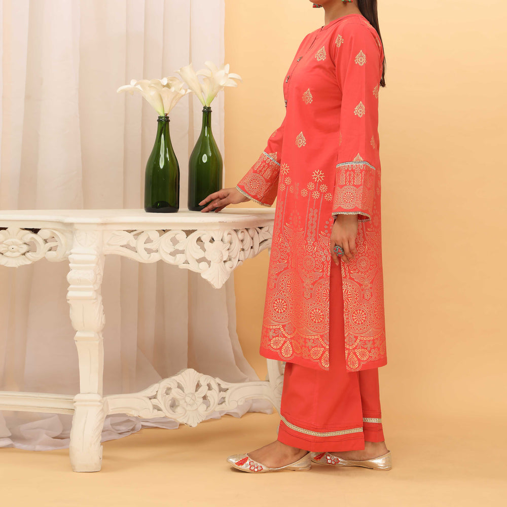 2PC- Golden Glitter Printed Cambric Suit PS5095