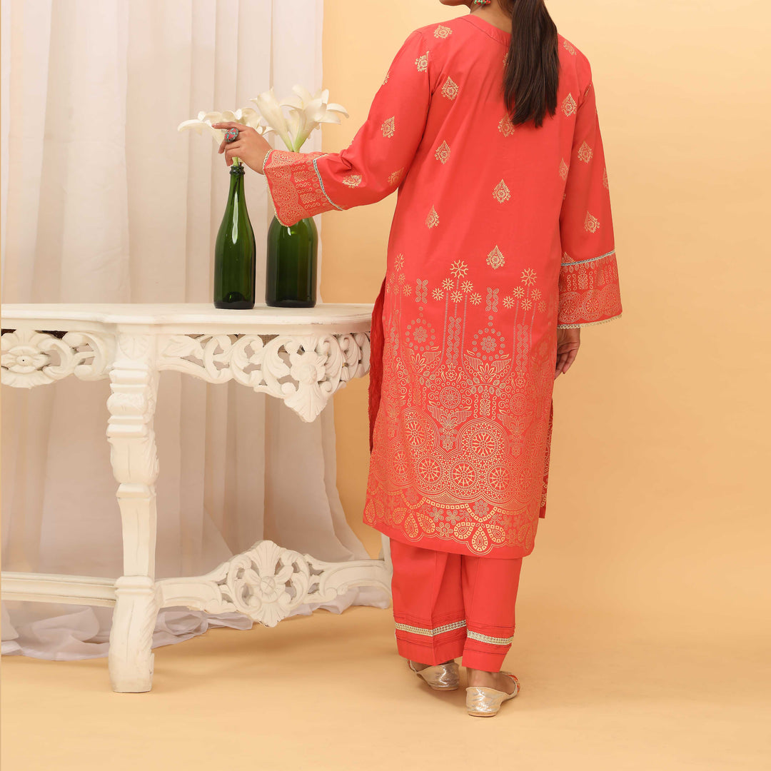 2PC- Golden Glitter Printed Cambric Suit PS5095