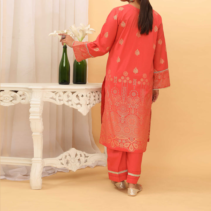2PC- Golden Glitter Printed Cambric Suit PS5095