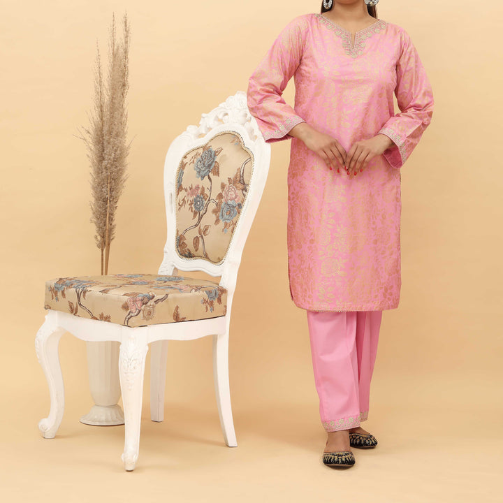 2PC- Embroidered And Gold Printed Cotton Cambric Suit PS5097
