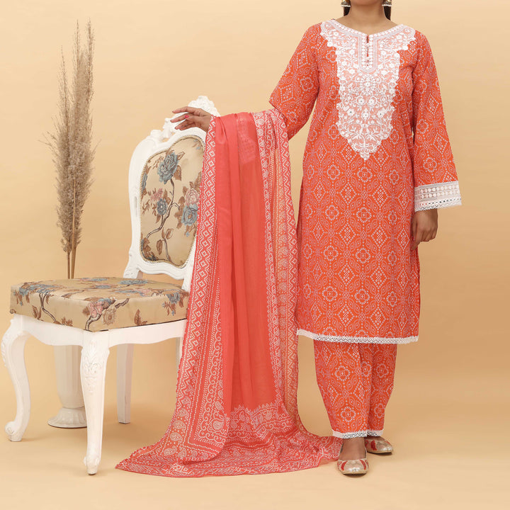 3PC- Embroidered Digital Printed Cotton Cambric Suit With Printed Apple Silk Duppata PS5126