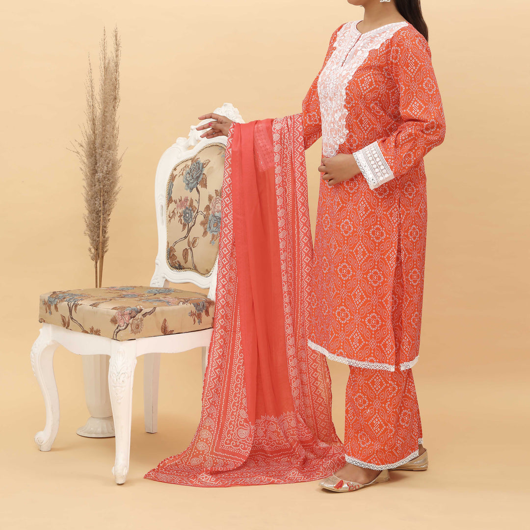 3PC- Embroidered Digital Printed Cotton Cambric Suit With Printed Apple Silk Duppata PS5126
