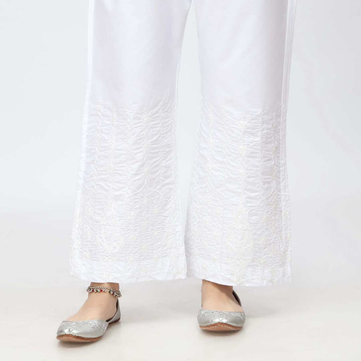 White Embroidered Bell Bottom Cambric Trouser PW3662