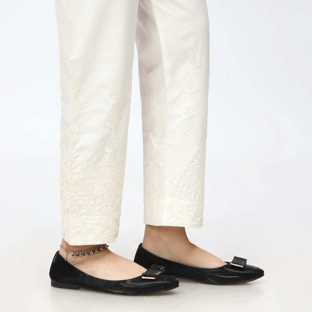 Cream Embroidered Cambric Slim Fit Trouser PW3667