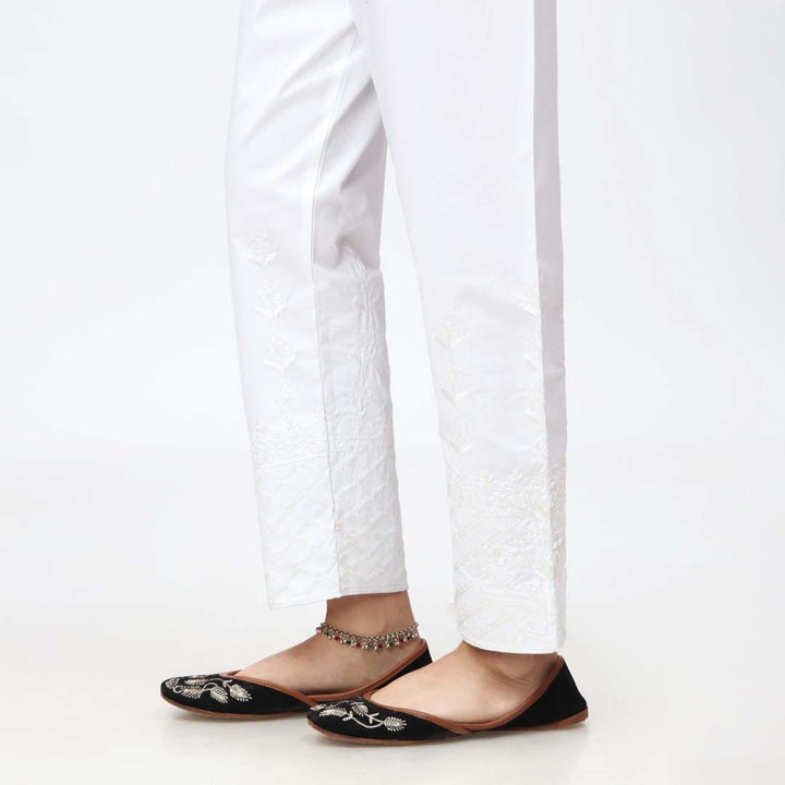 White Embroidered Cambric Slim Fit Trouser PW3667