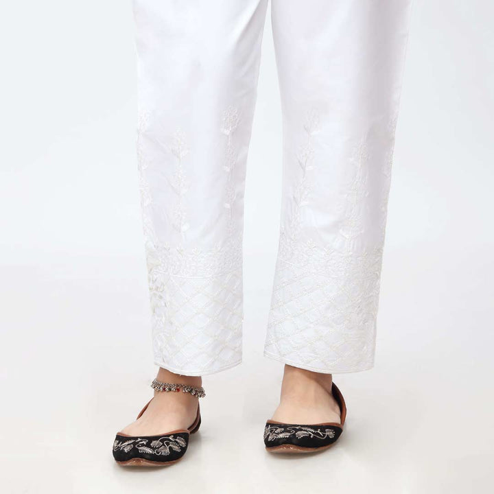 White Embroidered Cambric Slim Fit Trouser PW3667