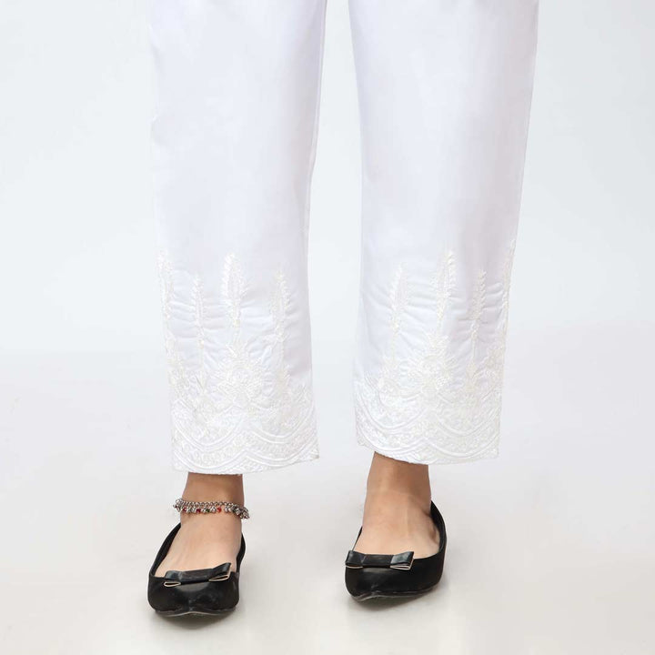 White Embroidered Cambric Slim Fit Trouser PW3671