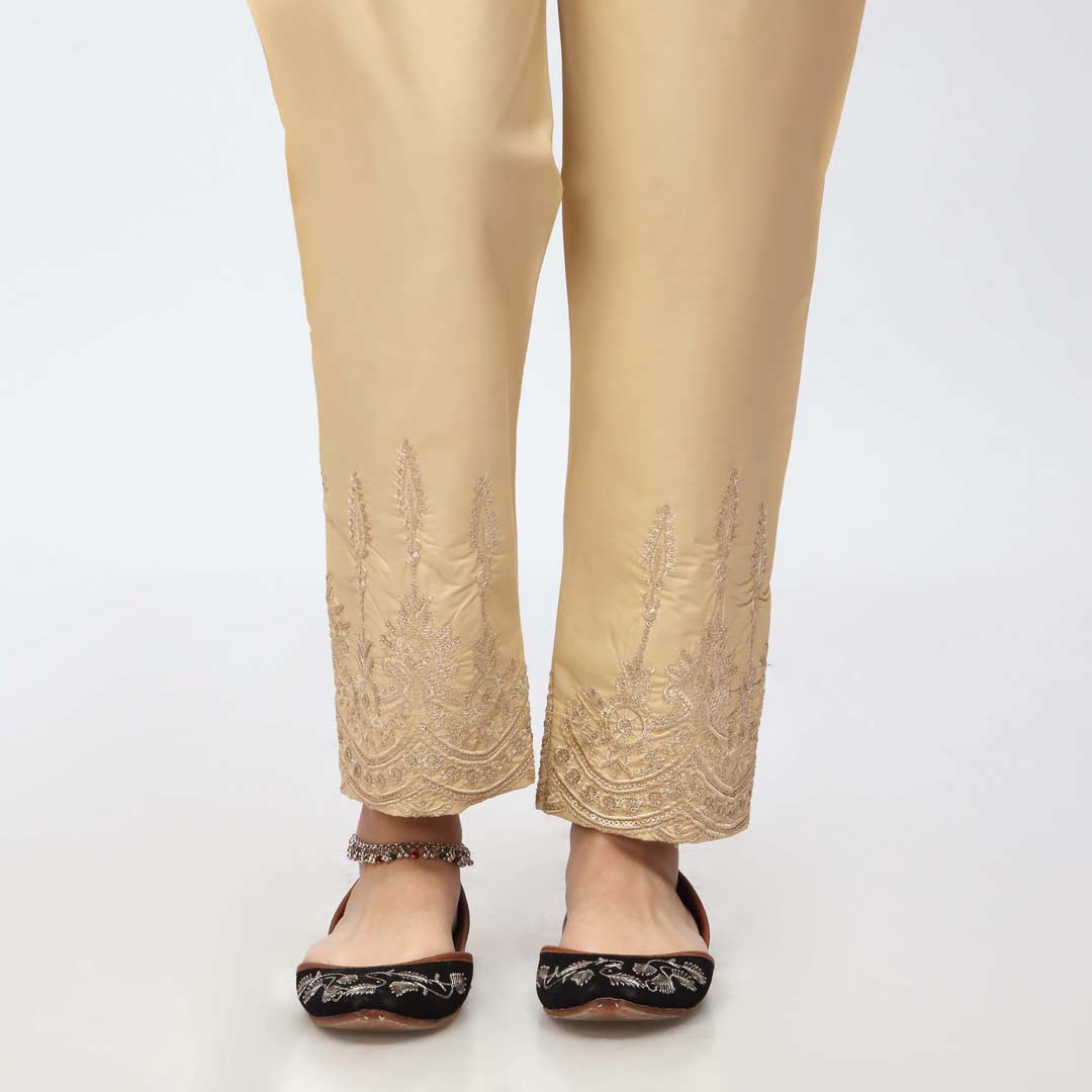 Beige Embroidered Cambric Slim Fit Trouser PW3671