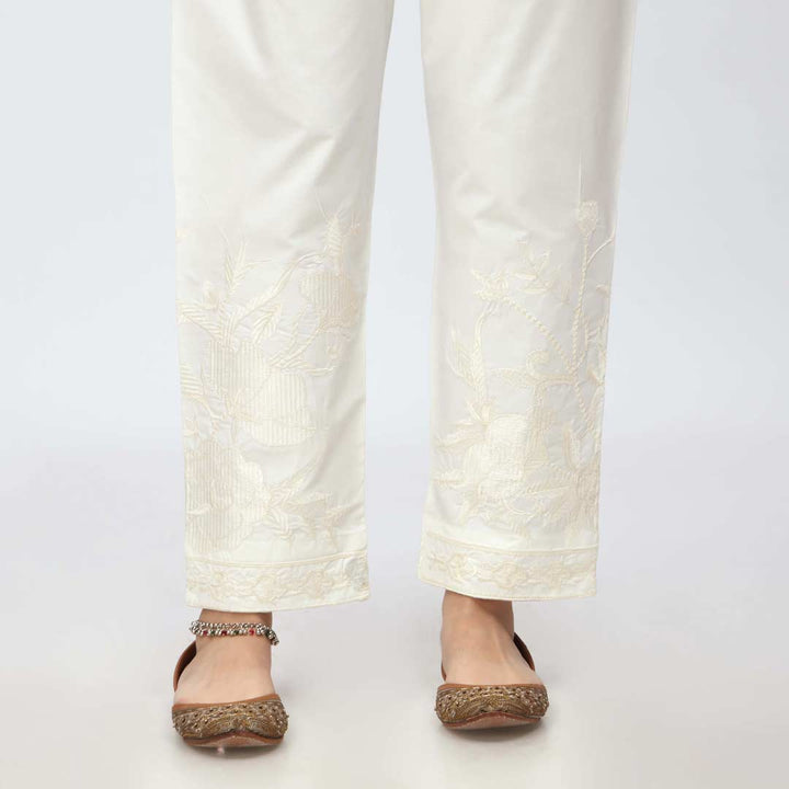 Cream Embroidered Cambric Slim Fit Trouser PW3672