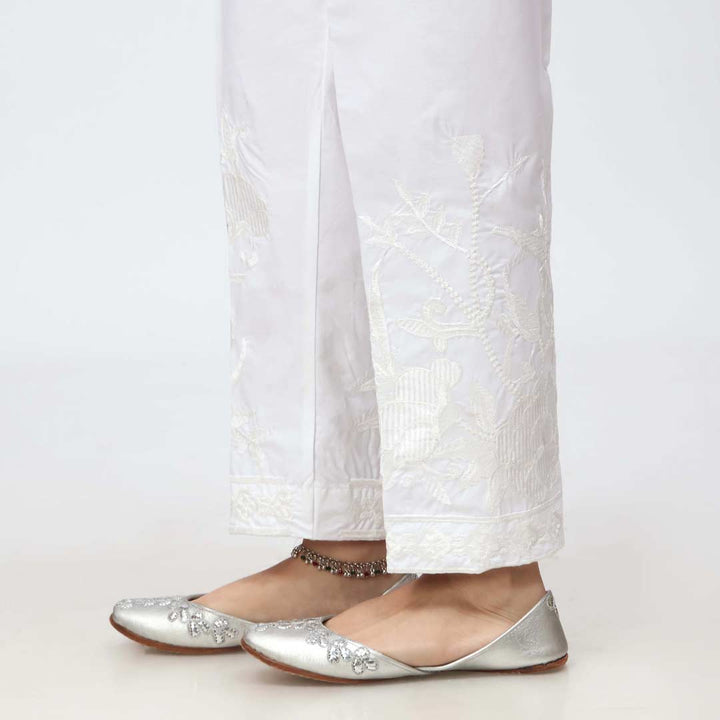 White Embroidered Cambric Slim Fit Trouser PW3672