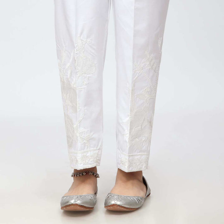 White Embroidered Cambric Slim Fit Trouser PW3672