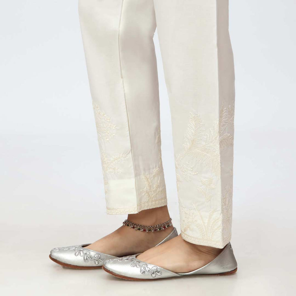 Cream Embroidered Cambric Slim Fit Trouser PW3673