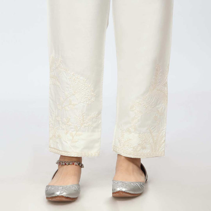 Cream Embroidered Cambric Slim Fit Trouser PW3673