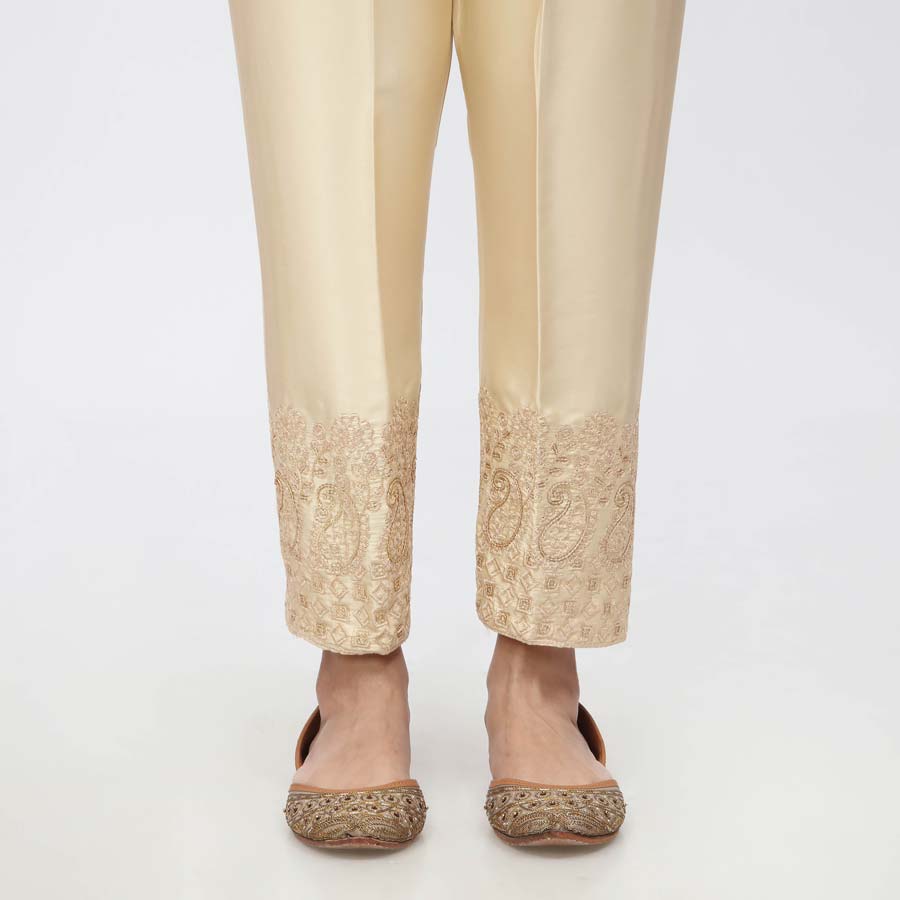 Beige Embroidered  Shamouse Silk Trouser PW3694