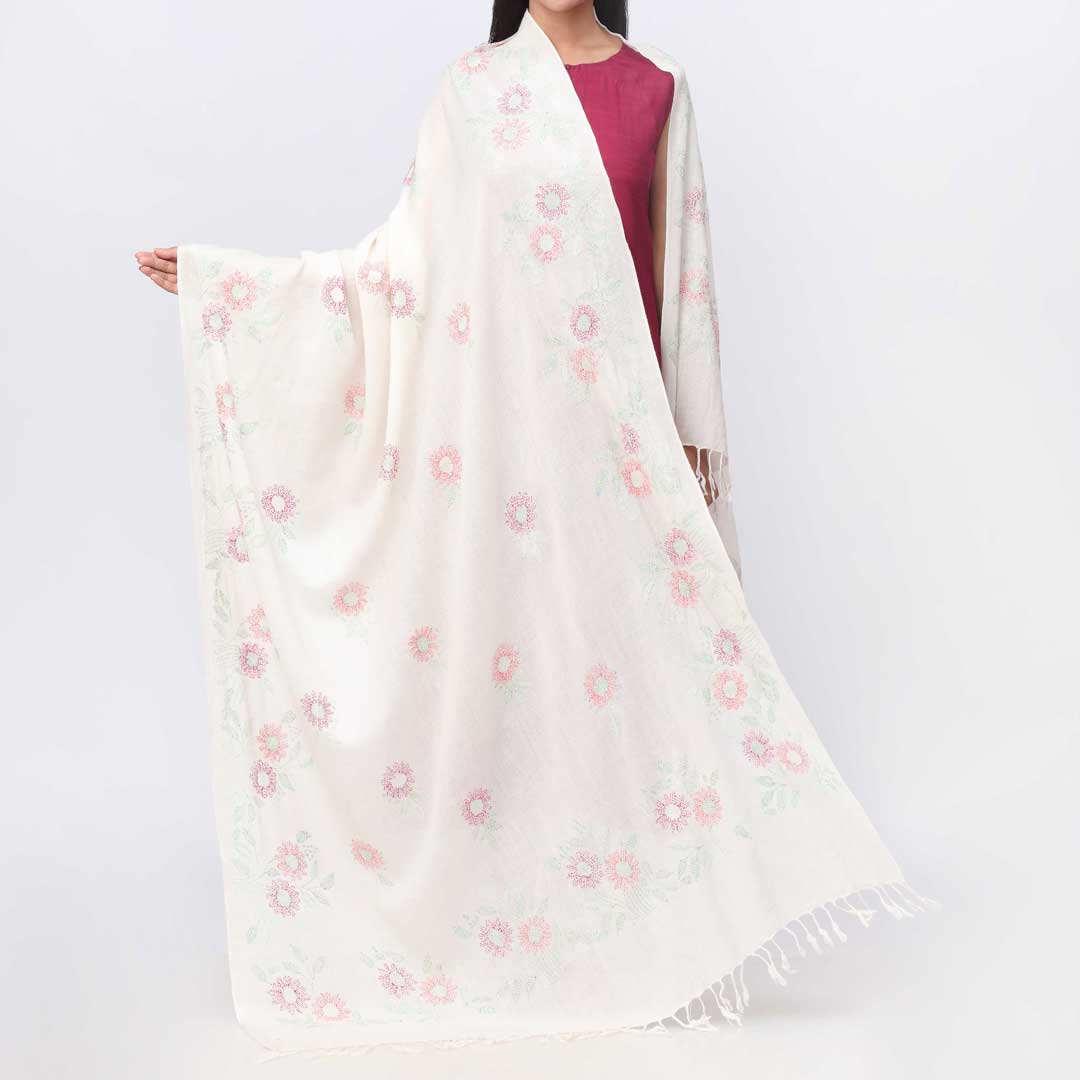 Cream Embroidered Winter Shawl PW3714