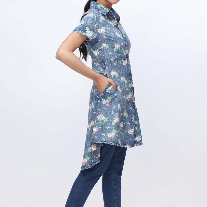 Denim Floral Button Through Shirt PW3952